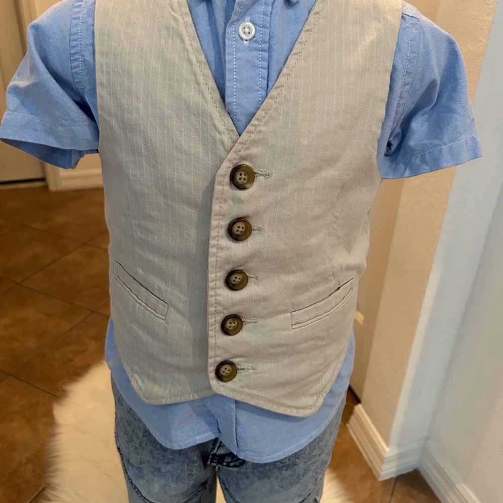 Beige Button-Up Vest with Blue Shirt size 4
